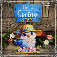 Load image into Gallery viewer, Spring Decoration, Easter blue bird decoration, Tiered tray decor, wooden blue bird with hello spring sign, cute Easter floral and blue bird
