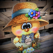 Load image into Gallery viewer, Spring Decoration, Easter baby chick centerpiece, Wooden baby chic, Chicken Farmhouse decor, wood chick with hello spring sign, Easter egg
