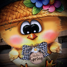 Load image into Gallery viewer, Spring Decoration, Easter baby chick centerpiece, Wooden baby chic, Chicken Farmhouse decor, wood chick with hello spring sign, Easter egg
