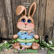 Load image into Gallery viewer, Spring Decoration, Easter Bunny centerpiece, Vintage Easter Rabbit, Farmhouse decor wooden Bunny with Easter sign, Bunny holding Spring sign
