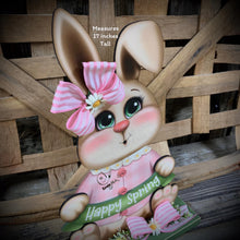 Load image into Gallery viewer, Spring Decoration, Easter Bunny centerpiece, shelf sitter, Vintage Easter Farmhouse decor, wood Bunny with Easter sign, Primitive rabbit

