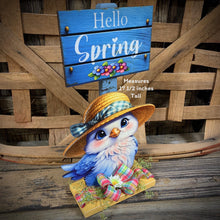 Load image into Gallery viewer, Spring Decoration, Easter blue bird decoration, Spring floral arrangement, blue bird shelf sitter, cute hello spring sign, tabletop decor
