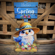 Load image into Gallery viewer, Spring Decoration, Easter blue bird decoration, Spring floral arrangement, blue bird shelf sitter, cute hello spring sign, tabletop decor
