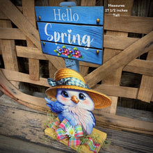 Load image into Gallery viewer, Spring Decoration, Easter blue bird decoration, Spring floral arrangement, blue bird shelf sitter, cute hello spring sign, tabletop decor

