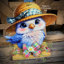 Load image into Gallery viewer, Spring Decoration, Easter blue bird decoration, Spring floral arrangement, blue bird shelf sitter, cute hello spring sign, tabletop decor
