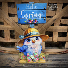 Load image into Gallery viewer, Spring Decoration, Easter blue bird decoration, Spring floral arrangement, blue bird shelf sitter, cute hello spring sign, tabletop decor

