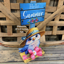 Load image into Gallery viewer, Summer Decoration, cute blue bird with hat, entry table, shelf sitter, Tiered tray, hello summer sign, porch garden arrangement table decor
