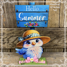 Load image into Gallery viewer, Summer Decoration, blue bird decoration for table, shelf sitter, tiered tray, hello summer sign, bird centerpiece, cottage garden floral
