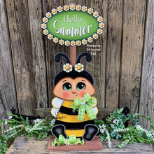 Load image into Gallery viewer, Bee decoration, Wood Bee with stand, Queen bee, Bumble Bee, Summer porch decor, Bee floral arrangement, daisies, hello summer sign for home
