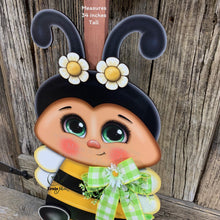 Load image into Gallery viewer, Bee decoration, Wood Bee with stand, Queen bee, Bumble Bee, Summer porch decor, Bee floral arrangement, daisies, hello summer sign for home
