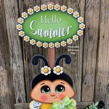 Load image into Gallery viewer, Bee decoration, Wood Bee with stand, Queen bee, Bumble Bee, Summer porch decor, Bee floral arrangement, daisies, hello summer sign for home
