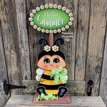 Load image into Gallery viewer, Bee decoration, Wood Bee with stand, Queen bee, Bumble Bee, Summer porch decor, Bee floral arrangement, daisies, hello summer sign for home
