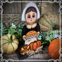 Load image into Gallery viewer, Thanksgiving decoration, Pilgrim and Turkey decor for table, Autumn shelf sitter, Tiered tray, Fall centerpiece, Pilgrim girl, pumpkin decor
