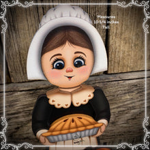 Load image into Gallery viewer, Thanksgiving decoration, Pilgrim and Turkey decor for table, Autumn shelf sitter, Tiered tray, Fall centerpiece, Pilgrim girl, pumpkin decor
