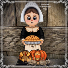 Load image into Gallery viewer, Thanksgiving decoration, Pilgrim and Turkey decor for table, Autumn shelf sitter, Tiered tray, Fall centerpiece, Pilgrim girl, pumpkin decor
