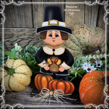 Load image into Gallery viewer, Thanksgiving decoration, Pilgrim and Turkey decor for table, Autumn shelf sitter, Tiered tray, Fall centerpiece, Pilgrim with pumpkin decor
