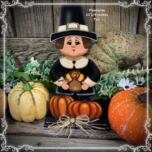 Load image into Gallery viewer, Thanksgiving decoration, Pilgrim and Turkey decor for table, Autumn shelf sitter, Tiered tray, Fall centerpiece, Pilgrim with pumpkin decor
