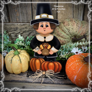 Thanksgiving decoration, Pilgrim and Turkey decor for table, Autumn shelf sitter, Tiered tray, Fall centerpiece, Pilgrim with pumpkin decor