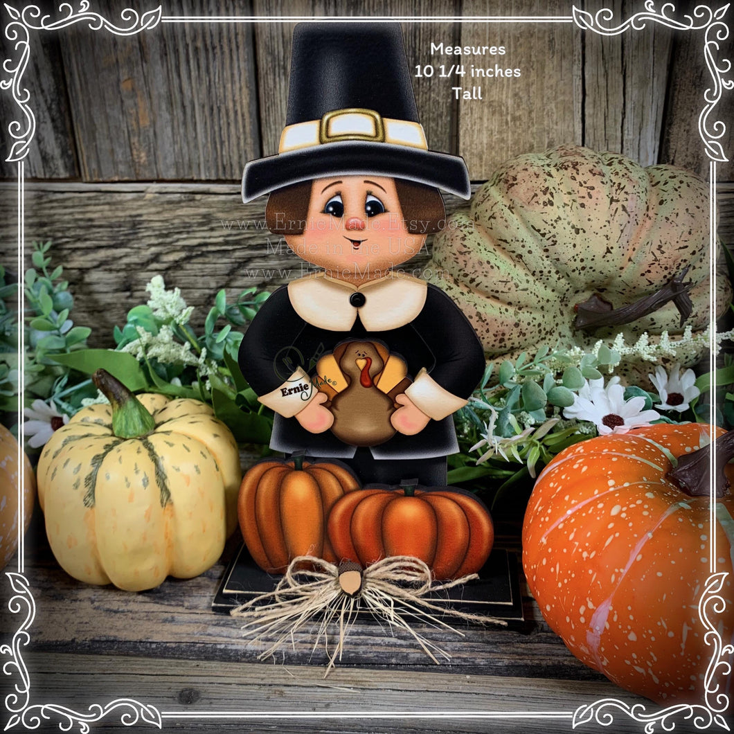 Thanksgiving decoration, Pilgrim and Turkey decor for table, Autumn shelf sitter, Tiered tray, Fall centerpiece, Pilgrim with pumpkin decor