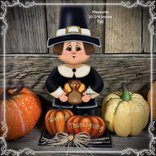 Load image into Gallery viewer, Thanksgiving decoration, Pilgrim and Turkey decor for table, Autumn shelf sitter, Tiered tray, Fall centerpiece, Pilgrim with pumpkin decor
