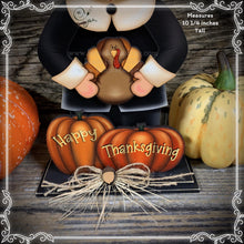 Load image into Gallery viewer, Thanksgiving decoration, Pilgrim and Turkey decor for table, Autumn shelf sitter, Tiered tray, Fall centerpiece, Pilgrim with pumpkin decor
