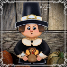 Load image into Gallery viewer, Thanksgiving decoration, Pilgrim and Turkey decor for table, Autumn shelf sitter, Tiered tray, Fall centerpiece, Pilgrim with pumpkin decor
