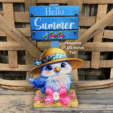 Load image into Gallery viewer, Summer Decoration, cute blue bird with hat, entry table, shelf sitter, Tiered tray, hello summer sign, porch garden arrangement table decor
