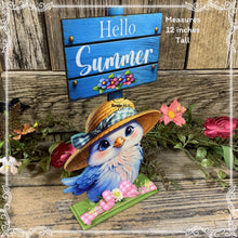 Load image into Gallery viewer, Summer Decoration, blue bird decoration for table, shelf sitter, tiered tray, hello summer sign, bird centerpiece, cottage garden floral

