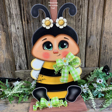 Load image into Gallery viewer, Bee decoration, Wood Bee with stand, Queen bee, Bumble Bee, Summer porch decor, Bee floral arrangement, daisies, hello summer sign for home
