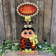 Load image into Gallery viewer, Ladybug decoration, hello summer sign, Ladybug summer arrangement, wooden ladybug with stand, summer Porch decor, cute garden sign, daisies
