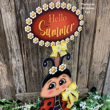 Load image into Gallery viewer, Ladybug decoration, hello summer sign, Ladybug summer arrangement, wooden ladybug with stand, summer Porch decor, cute garden sign, daisies
