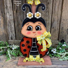 Load image into Gallery viewer, Ladybug decoration, hello summer sign, Ladybug summer arrangement, wooden ladybug with stand, summer Porch decor, cute garden sign, daisies
