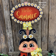 Load image into Gallery viewer, Ladybug decoration, hello summer sign, Ladybug summer arrangement, wooden ladybug with stand, summer Porch decor, cute garden sign, daisies
