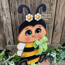 Load image into Gallery viewer, Bee decoration for summer, Bee floral arrangement, Wooden Bee with stand, Queen Bee, cute bumble Bee, entry way, shelf, garden, porch decor
