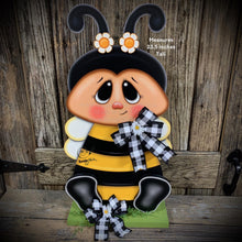 Load image into Gallery viewer, Bee decoration, summer decoration, Bee arrangement, Wooden Bee with stand, Bumble Bee decor, Summer Bee shelf sitter, garden and porch decor
