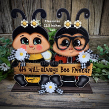 Load image into Gallery viewer, Wooden Ladybug and Bee decoration, Ladybug with glasses, whimsical Bee on stand, gift for friend, cottage table decor, Garden shelf sitter
