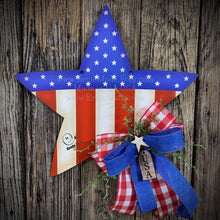 Load image into Gallery viewer, Patriotic decoration for front door, summer door hanger, red, white and blue star, Fourth of July wreath, 4th of July floral, Americana sign
