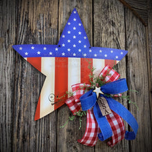 Load image into Gallery viewer, Patriotic decoration for front door, summer door hanger, red, white and blue star, Fourth of July wreath, 4th of July floral, Americana sign
