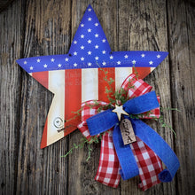Load image into Gallery viewer, Patriotic decoration for front door, summer door hanger, red, white and blue star, Fourth of July wreath, 4th of July floral, Americana sign
