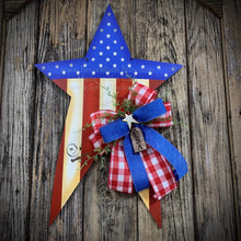Load image into Gallery viewer, Patriotic decoration for front door, summer door hanger, red, white and blue star, Fourth of July wreath, 4th of July floral, Americana sign

