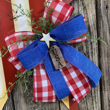 Load image into Gallery viewer, Patriotic decoration for front door, summer door hanger, red, white and blue star, Fourth of July wreath, 4th of July floral, Americana sign

