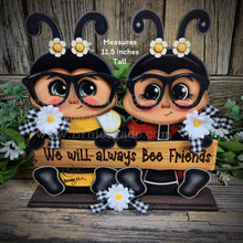 Load image into Gallery viewer, Wooden Ladybug and Bee decoration, Ladybug with glasses, whimsical Bee on stand, gift for friend, cottage table decor, Garden shelf sitter
