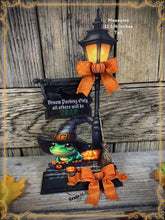 Load image into Gallery viewer, Halloween Decoration, Witch broom parking sign, cute frog with witch hat, Jack o lantern pumpkin, Halloween Witch decor for table or shelf
