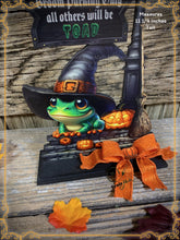 Load image into Gallery viewer, Halloween Decoration, Witch broom parking sign, cute frog with witch hat, Jack o lantern pumpkin, Halloween Witch decor for table or shelf
