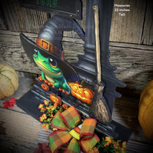 Load image into Gallery viewer, Halloween Decoration, Witch broom parking sign, Cute frog with witch hat, Jack o lantern pumpkin, Halloween Witch decor for table or mantle
