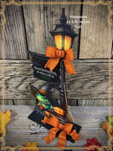 Load image into Gallery viewer, Halloween Decoration, Witch broom parking sign, cute frog with witch hat, Jack o lantern pumpkin, Halloween Witch decor for table or shelf
