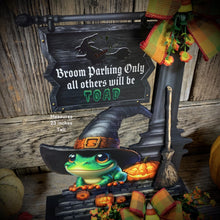 Load image into Gallery viewer, Halloween Decoration, Witch broom parking sign, Cute frog with witch hat, Jack o lantern pumpkin, Halloween Witch decor for table or mantle
