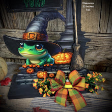 Load image into Gallery viewer, Halloween Decoration, Witch broom parking sign, Cute frog with witch hat, Jack o lantern pumpkin, Halloween Witch decor for table or mantle
