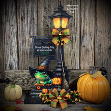 Load image into Gallery viewer, Halloween Decoration, Witch broom parking sign, Cute frog with witch hat, Jack o lantern pumpkin, Halloween Witch decor for table or mantle
