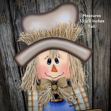 Load image into Gallery viewer, Scarecrow for Fall decoration, Pumpkin sign for porch, Hello Fall sign, Wooden Scarecrow with hat, Halloween porch decor, Thanksgiving decor
